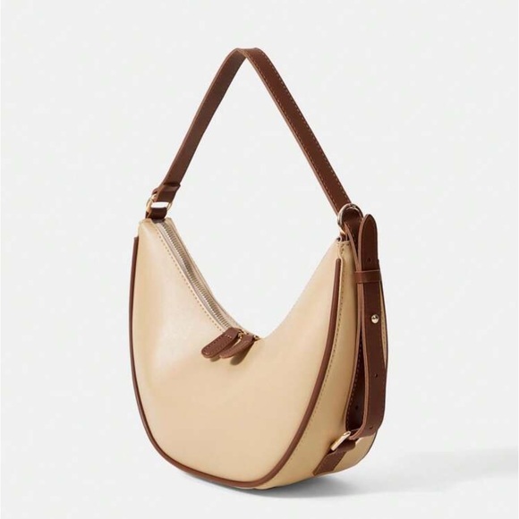 Beige handbag shoulder bag purse with brown contrast lining - faux leather - Picture 1 of 10